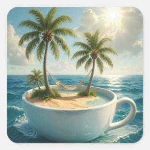 Sticker Carré Île tropicale avec hamac dans une tasse à thé
