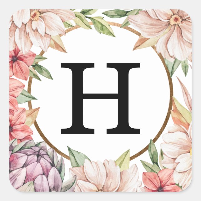 Sticker Carré Ile tropicale Pastel Floral Mariage Monogramme (Devant)