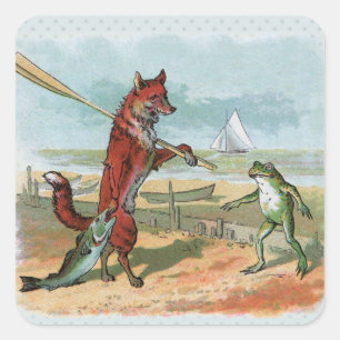 Sticker Carré Illustration ancienne de la pêche à la grenouille 