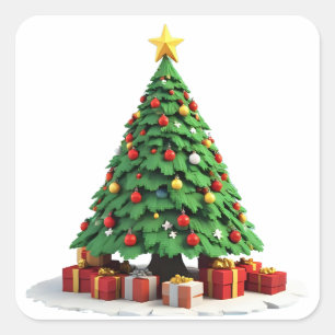 Sticker Carré Illustration d'Arbre de Noël Pelucheux Vintage
