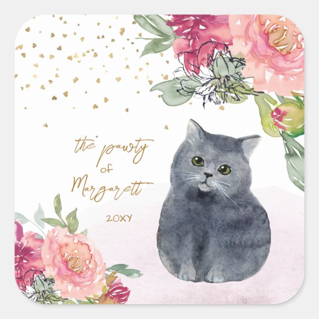 Sticker Carré Illustration de chat d'amour Joyeux anniversaire F (Devant)