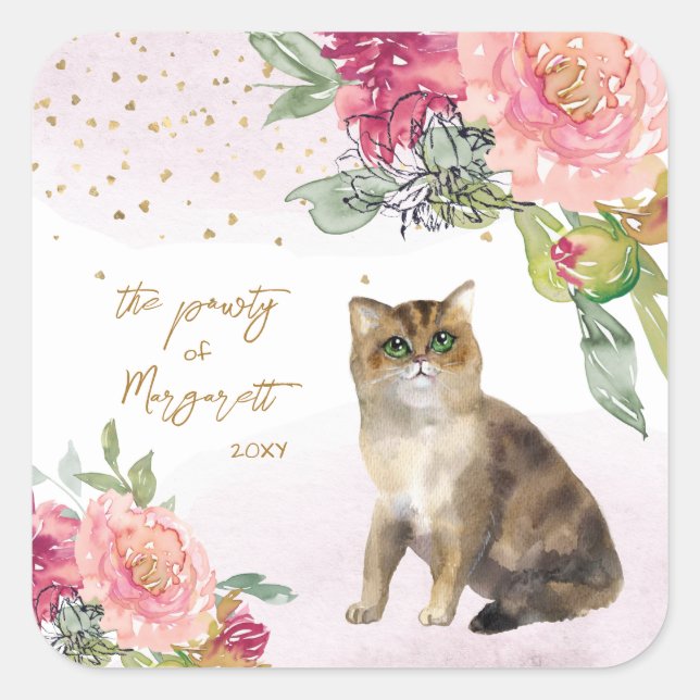 Sticker Carré Illustration de chat d'amour Joyeux anniversaire F (Devant)