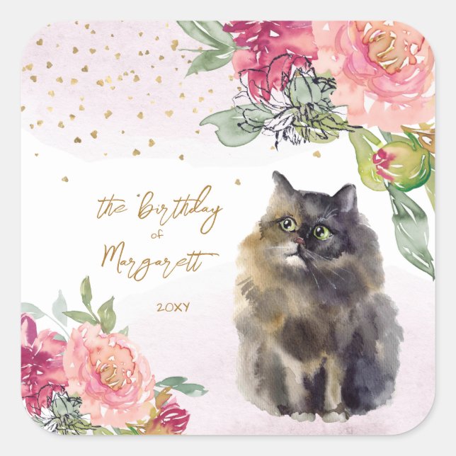Sticker Carré Illustration de chat persan Joyeuse fête de fille  (Devant)