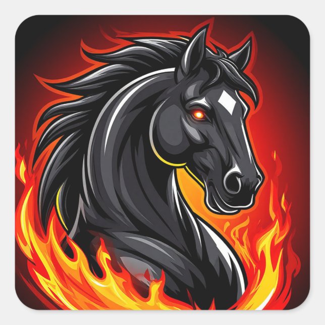 Sticker Carré Illustration de Cheval Noir Fiery avec les yeux br (Devant)