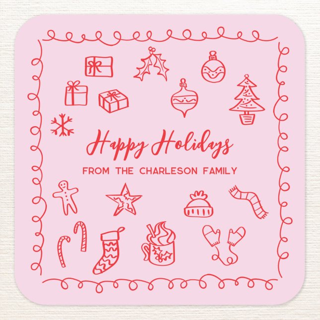 Sticker Carré Illustration de gribouillis de vacances Doodle ros (Personalized pink and red hand drawn scribble doodle Christmas holiday sticker)