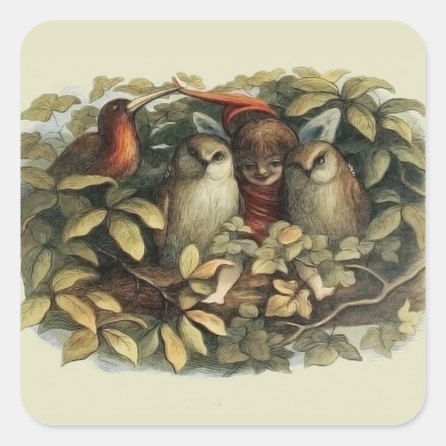 Sticker Carré Illustration de la nature des hiboux et des fées d (Devant)