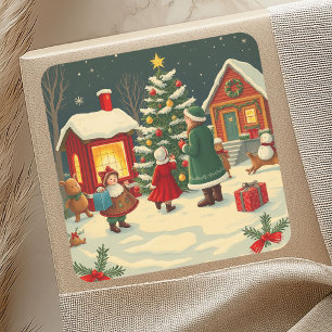 Sticker Carré Illustration de Noël Vintage