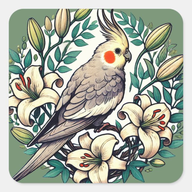 Sticker Carré Illustration d'oiseaux de Cockatiel (Devant)