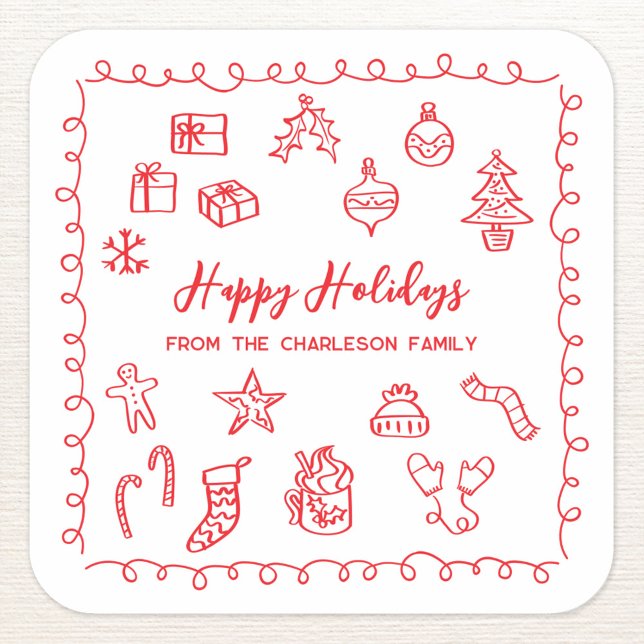 Sticker Carré Illustration du gribouillis de vacances Doodle Rou (Personalized red and white hand drawn scribble doodle Christmas holiday sticker)