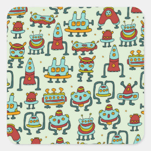 Sticker Carré Illustration du Motif Vintage des Aliens robots