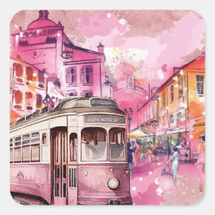 Sticker Carré Illustration du paysage de voiture à chariot rose