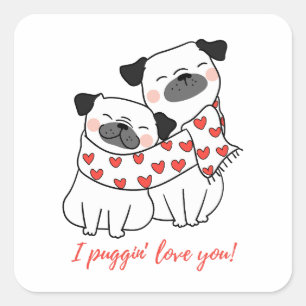 Sticker Carré Illustration d'un couple de Pug mignon avec des cœ