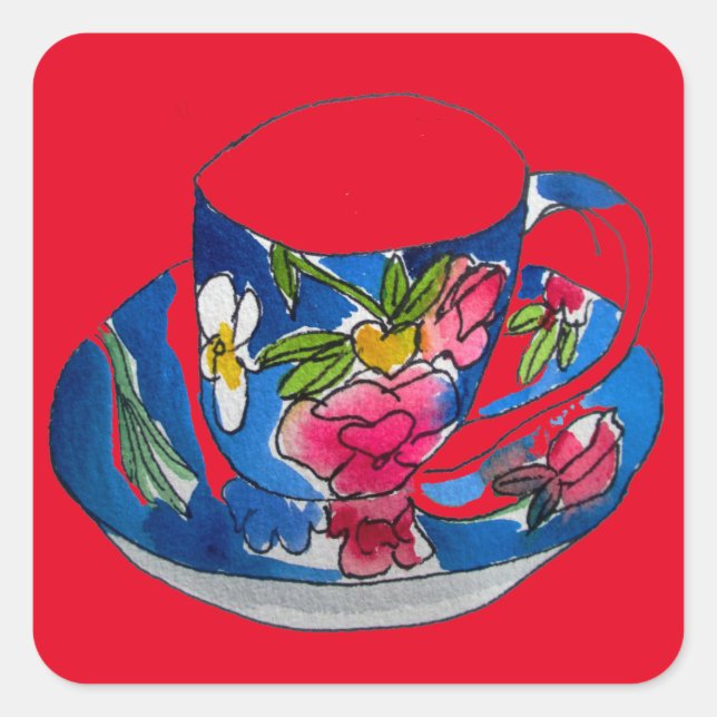 Sticker Carré illustration originale de l'aquarelle Teacups vint (Devant)