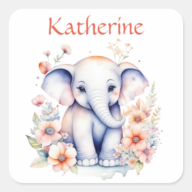Sticker Carré Illustration personnalisée d'un bébé éléphant (Devant)