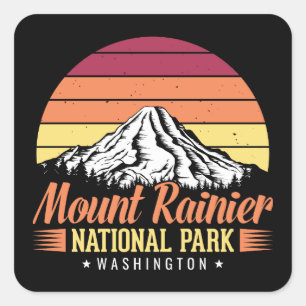Sticker Carré Illustration Rétro Coucher de Soleil Mont Rainier