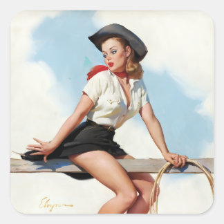 Sticker Carré Illustration Rétro Fille Cowgirl Vintage Western