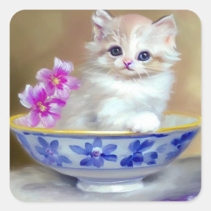 Sticker Carré Illustration vintage de chaton blanc