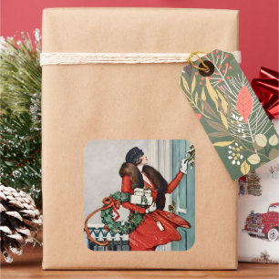 Sticker Carré Illustration vintage de Noël sur le pas de la port
