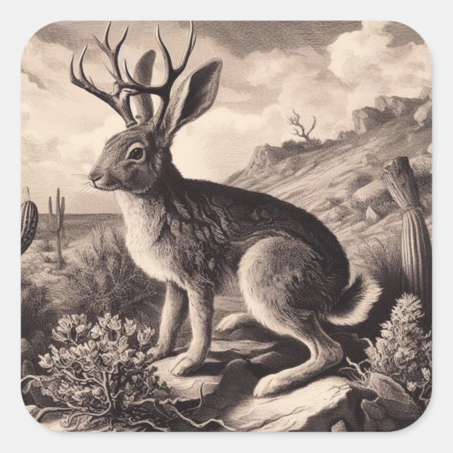Sticker Carré Illustration Vintage Jackalope (Devant)