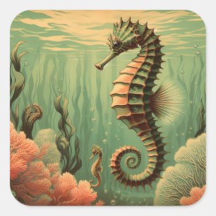 Sticker Carré Illustration vintage Seahorse Art antique