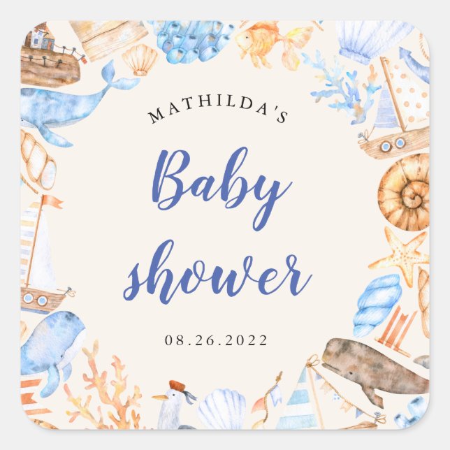 Sticker Carré illustrations de plage nautique baby shower carré  (Devant)