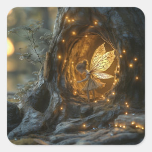 Sticker Carré Image lunaire d'une fée dans le creux d'un arbre