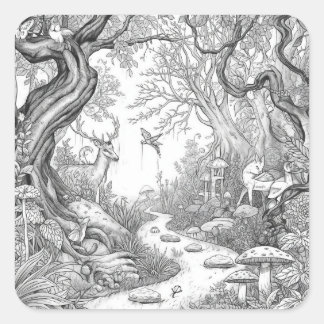 Sticker Carré Images de peinture de forêt enchantée