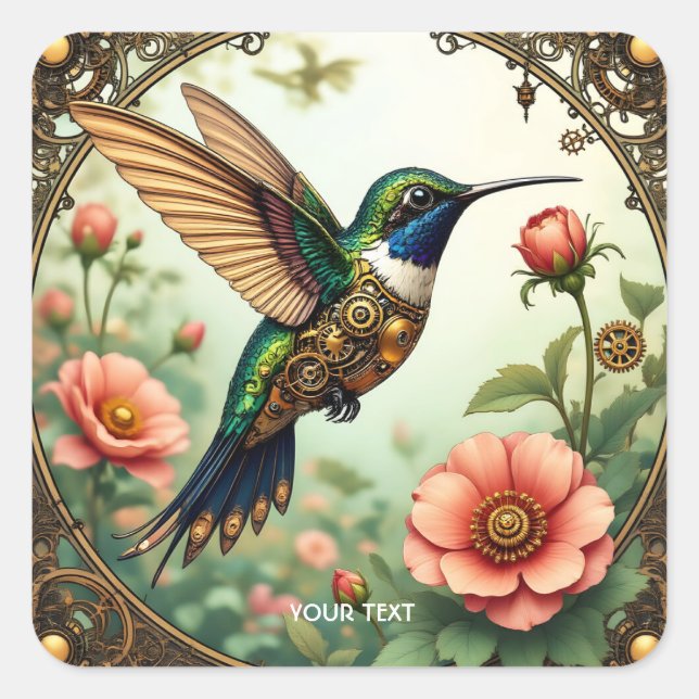Sticker Carré Imaginaire Cute Steampunk Fleurs d'oiseaux (Devant)