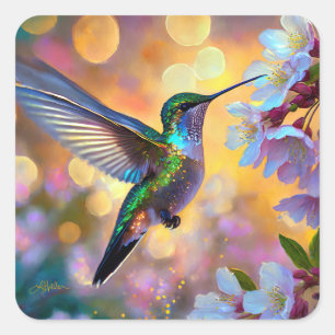 Sticker Carré Imaginaire de cerisier en fleurs Hummingbird