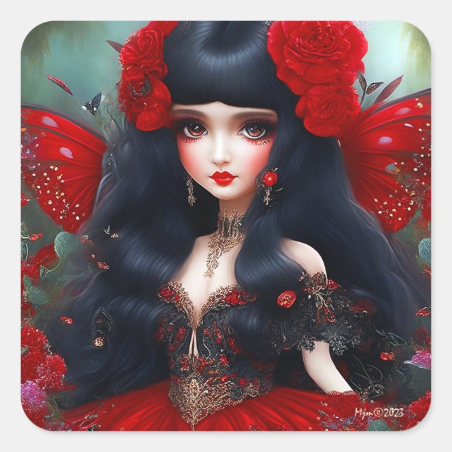 Sticker Carré Imaginaire Fée Rouge mignonne Princesse Découpage (Devant)