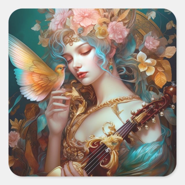 Sticker Carré Imaginaire Lady Avec Lute & Butterfly Bird (Devant)