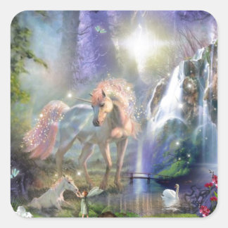 Sticker Carré Imaginaire Mère Unicorne et bébé dans un jardin de