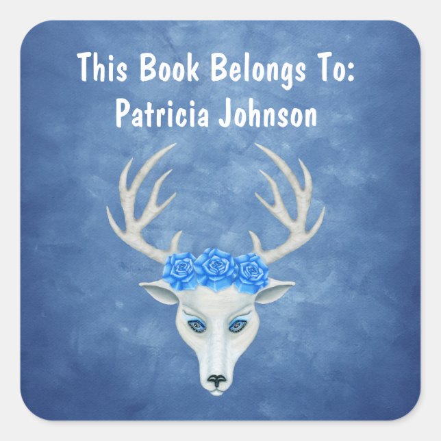 Sticker Carré Imaginaire White Deer Head Gros Roses Misty blues (Devant)
