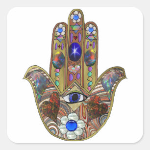 Sticker Carré Impression d'art opale cœurs Hamsa Judaica
