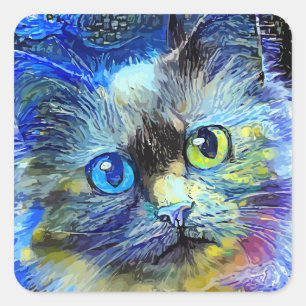 Sticker Carré Impressionniste de nuit étoilé Tabby Portrait de c