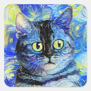 Sticker Carré Impressionniste Starry Night Tabby Cat Portrait