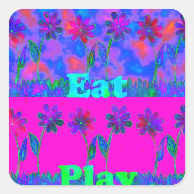 Sticker Carré Imprimer Art Motivational Vibrant "Eat Love & Play (Devant)
