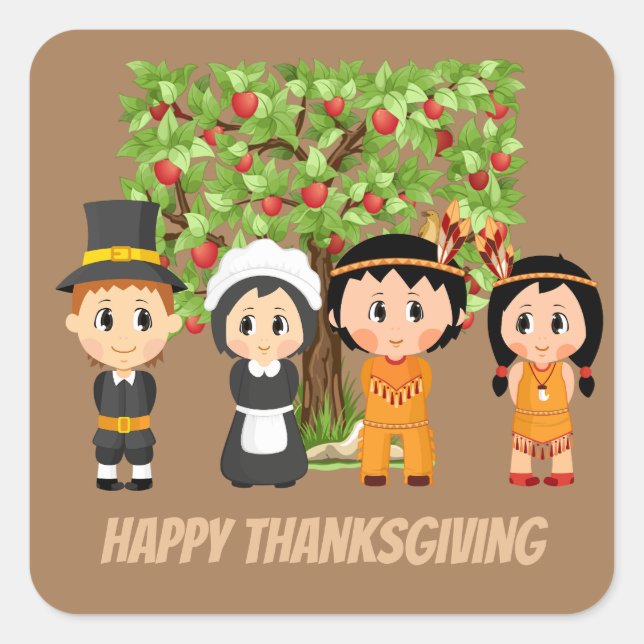 Sticker Carré Indiens pèlerins bons thanksgivings (Devant)