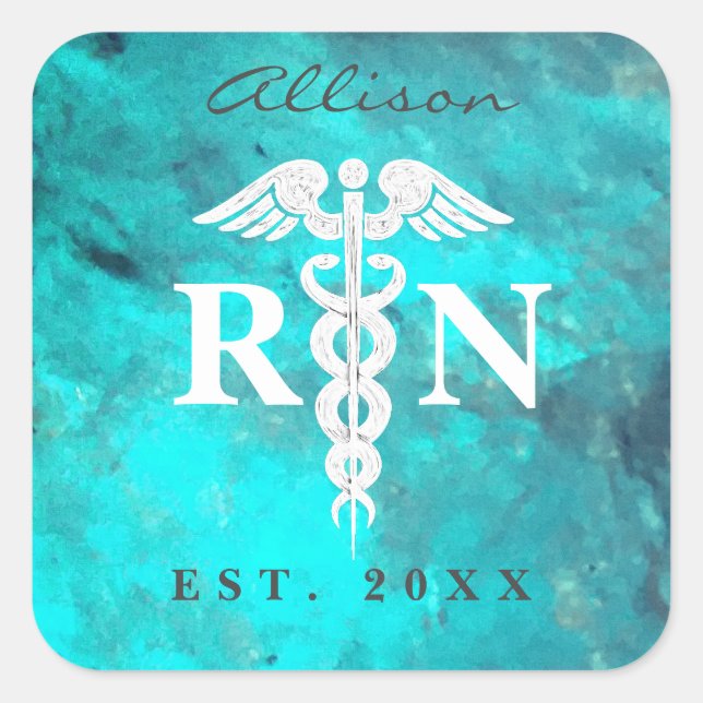 Sticker Carré Infirmière inscrite RN Caduceus Turquoise Personna (Devant)