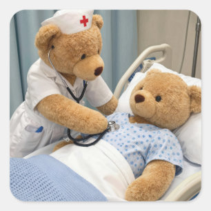 Sticker Carré Infirmière ourson avec un stéthoscope 