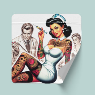 Sticker Carré Infirmière tatouée pin-up