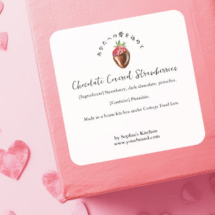 Sticker Carré Ingrédient Aquarelle Fraise Recouverte de Chocolat