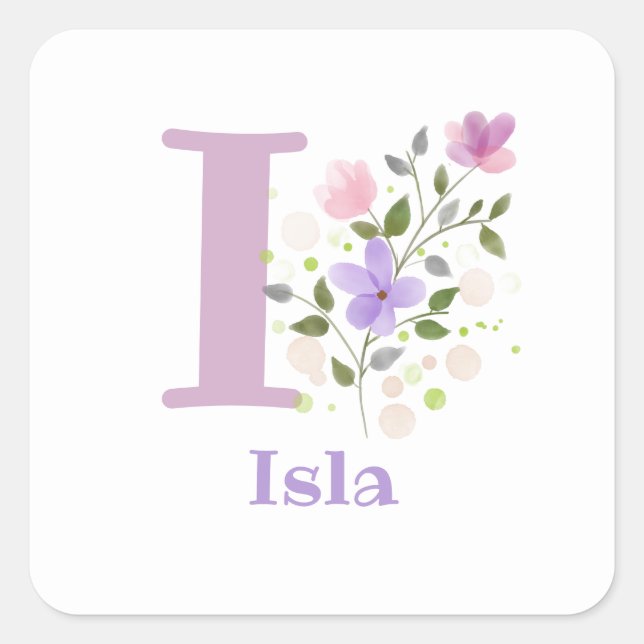 Sticker Carré Initiale Plus Nom Isla & Flowers Design (Devant)