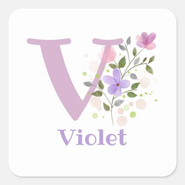 Sticker Carré Initiale Plus Nom Violet & Fleurs Design (Devant)