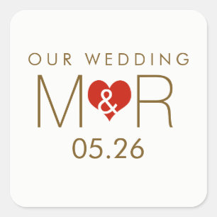 Sticker Carré initiales avec coeur d'amour rouge, notre mariage