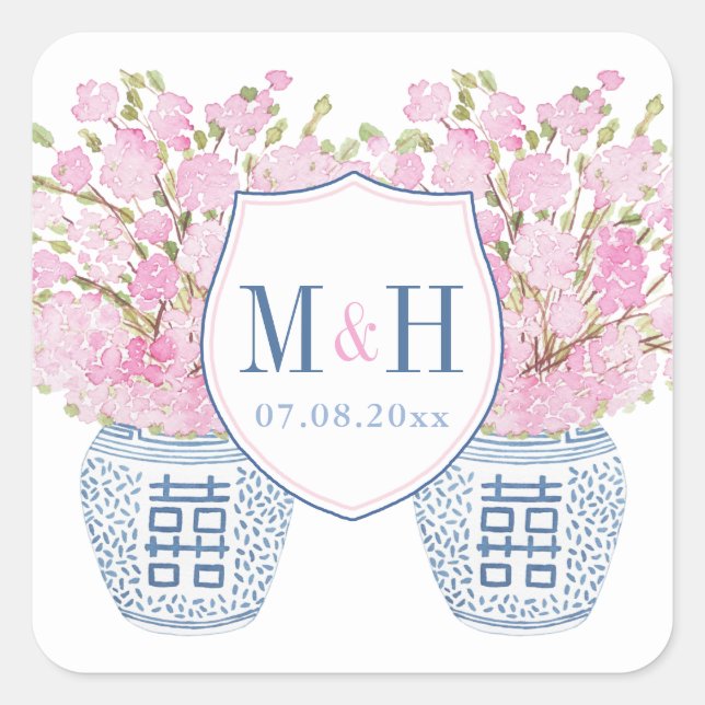 Sticker Carré Initiales Et Mariage Préppy Marine Et Rose (Devant)
