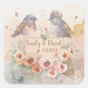 Sticker Carré Inséparables aquarelle avec roses pour mariage