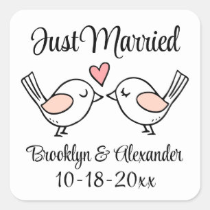 Sticker Carré Inséparables mignons Lovebirds juste marié Mariage