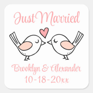 Sticker Carré Inséparables rose juste marié Lovebirds Mariage