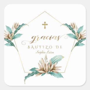 Sticker Carré Invitacion De Bautizo Con Flores Gold Ivory Lily